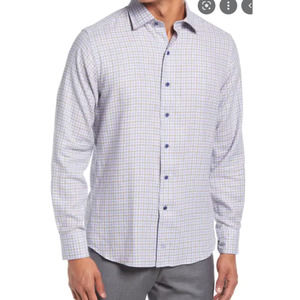 David Donahue White Blue Mini Check Plaid Dress Shirt SIZE 17 34/35 Trim NEW